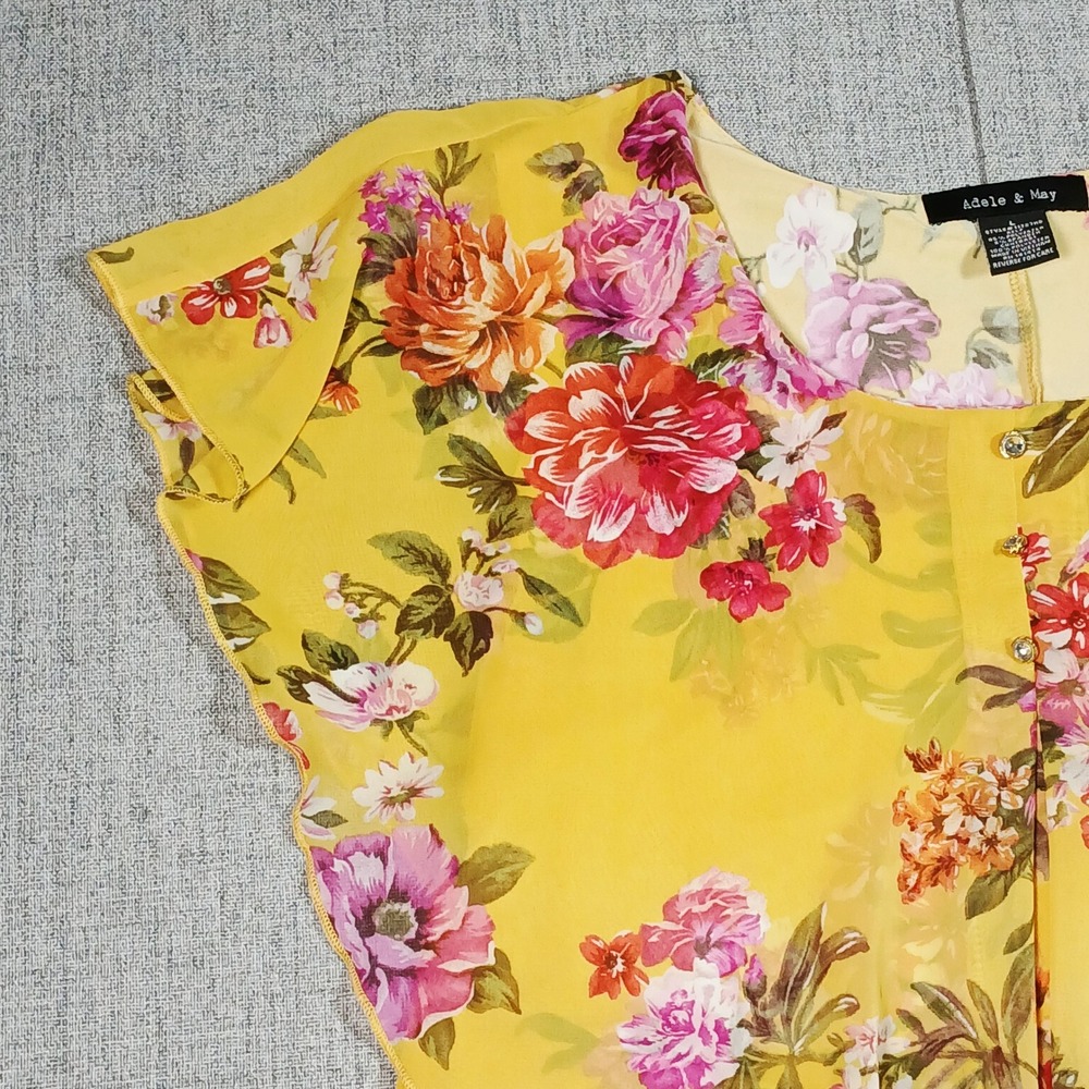 Yellow Boho Top Floral Flutter Sleeve Ruffle Front Blouse Large Semi Sheer - Picture 11 of 12